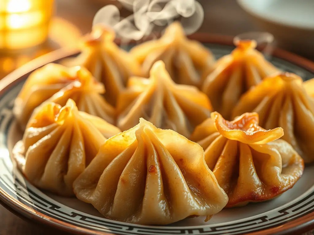 A close-up view of freshly steamed soup dumplings served on a decorative plate, with steam rising from them.