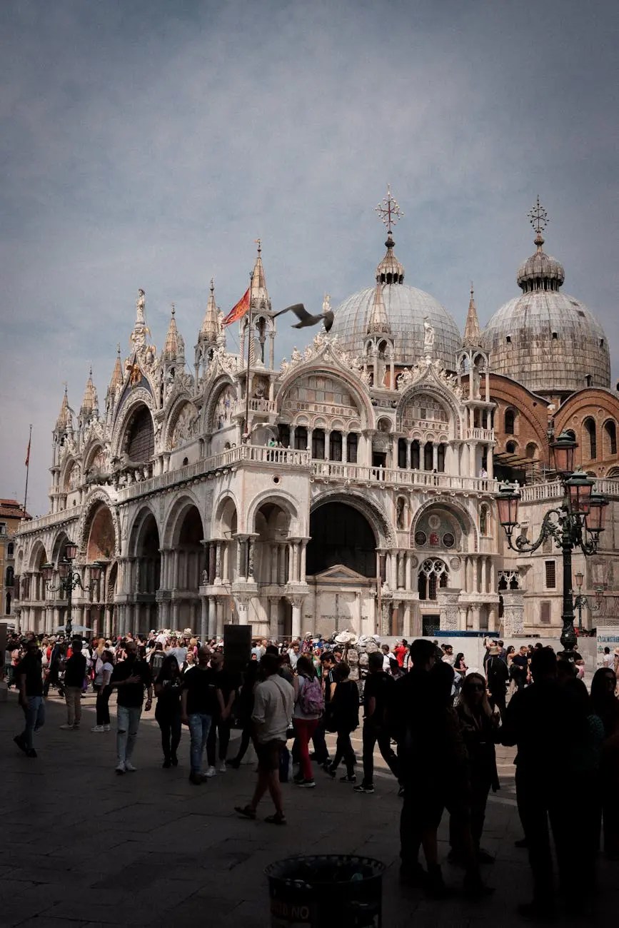 A bustling scene in Venice's St. Mark's Square, featuring the ornate Basilica di San Marco and a crowd of tourists.