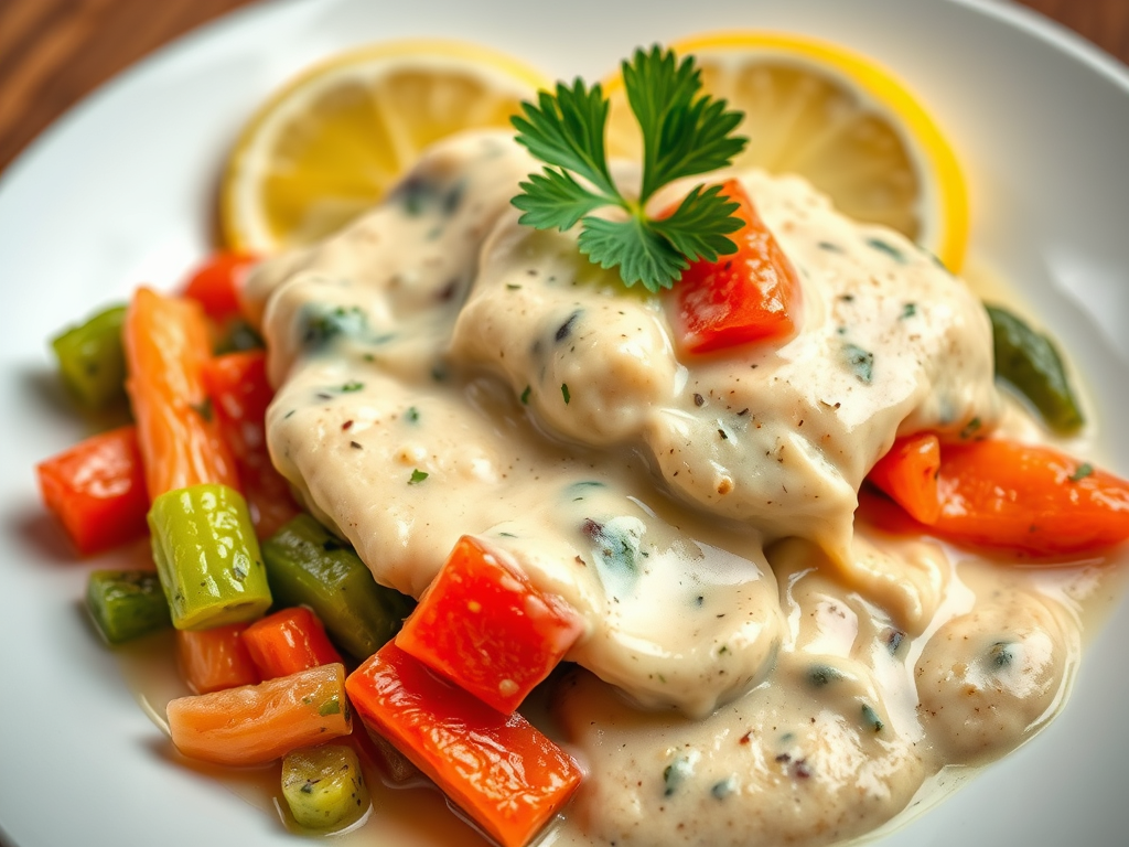A plate of marinated beef in a creamy sauce served with a side of colorful sautéed vegetables and lemon slices.