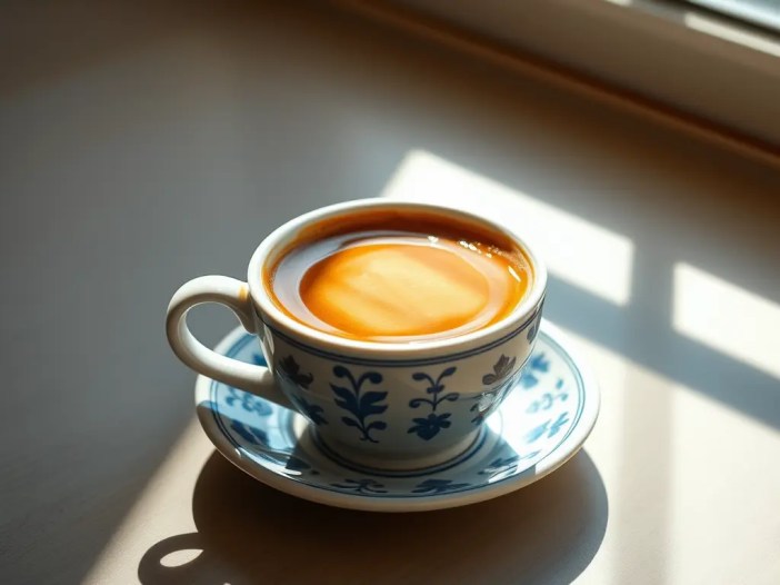 Close-up of a small, dark traditional Portuguese bica coffee in a white cup, served with a saucer on a rustic table.