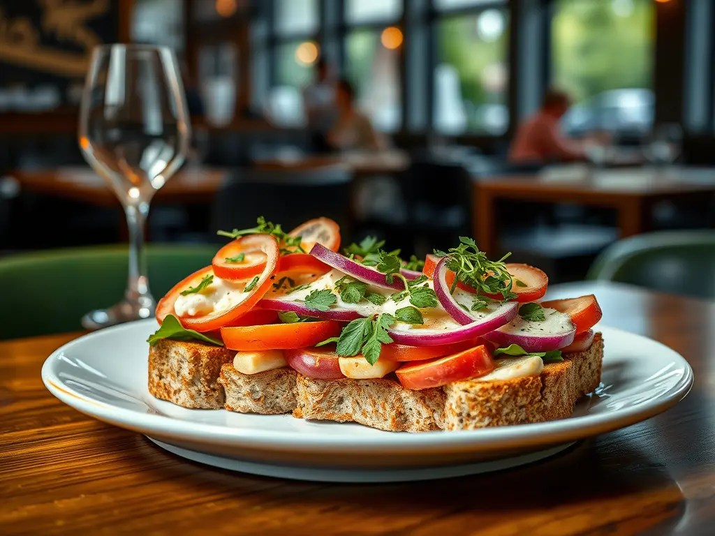 A plate of open-faced sandwiches topped with fresh vegetables like tomatoes, onions, and herbs, served in a restaurant setting.