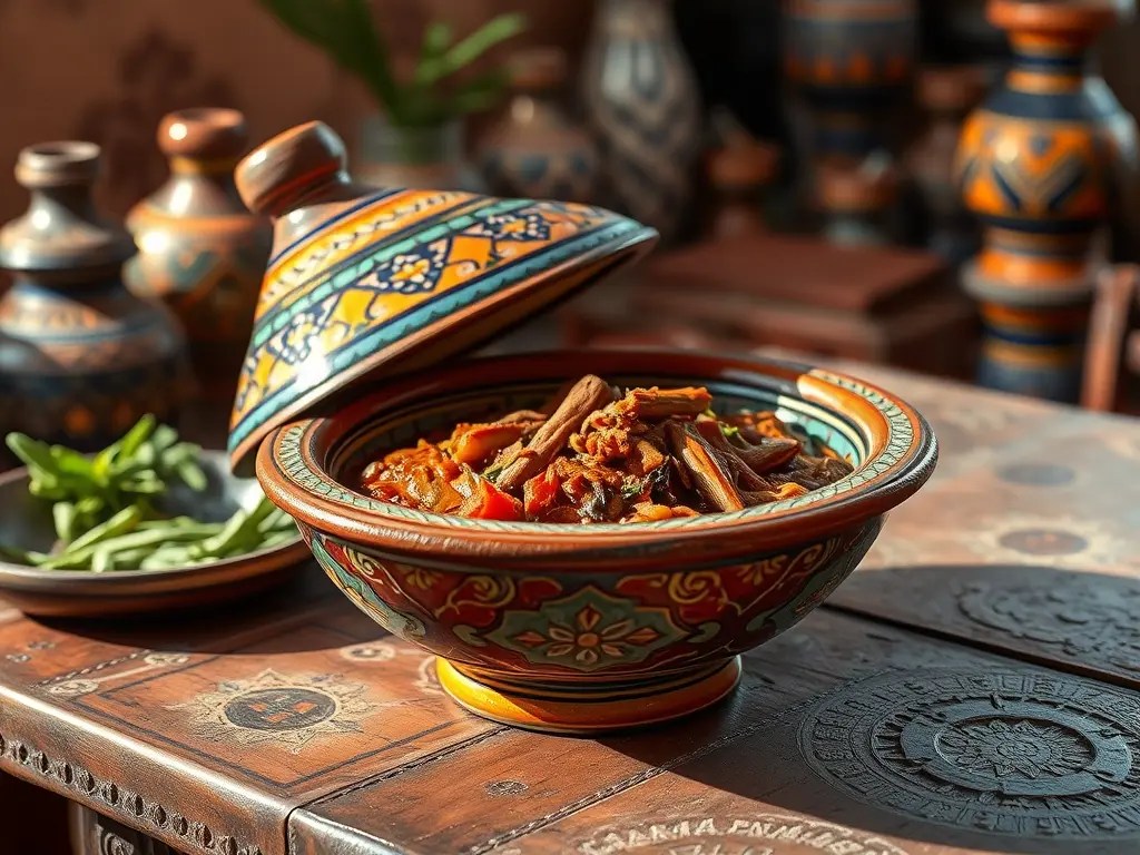 A beautifully decorated Moroccan tagine filled with a savory stew, placed on a wooden table surrounded by traditional ceramic pots.