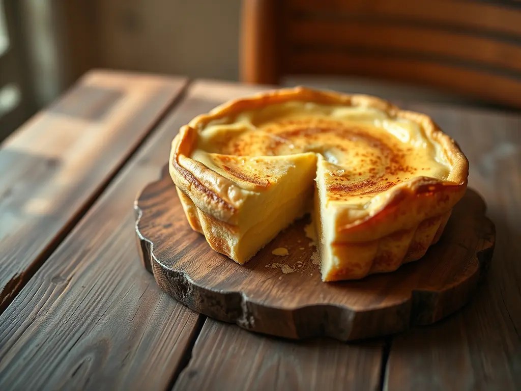 A freshly baked pastel de nata, a traditional Portuguese custard tart, displayed on a wooden board with a slice cut out.