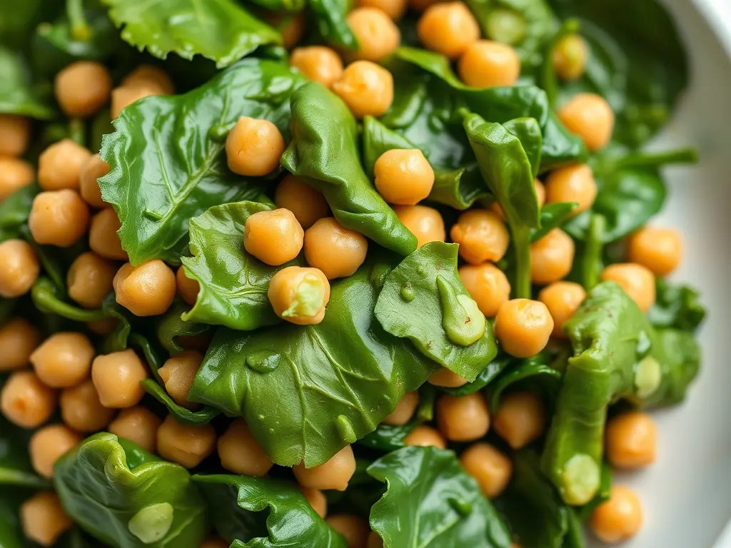 A close-up image of sautéed spinach mixed with chickpeas, showcasing the vibrant green leaves and pale yellow chickpeas.