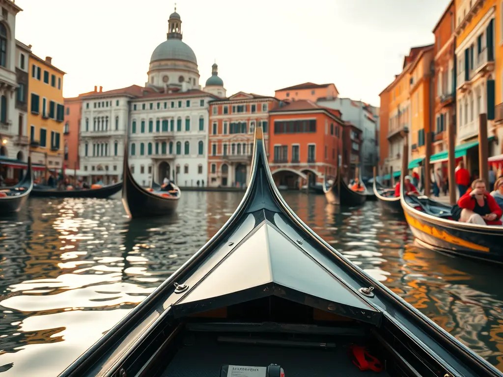 View from the front of a gondola navigating a canal in Venice, surrounded by colorful buildings and other gondolas.