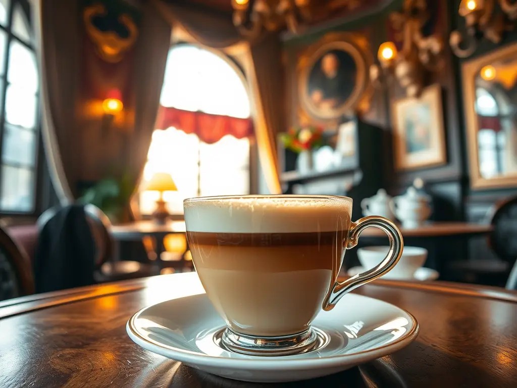 A beautifully presented cup of coffee sitting on a saucer, with a cozy coffee house interior in the background, featuring warm lighting and elegant decor.