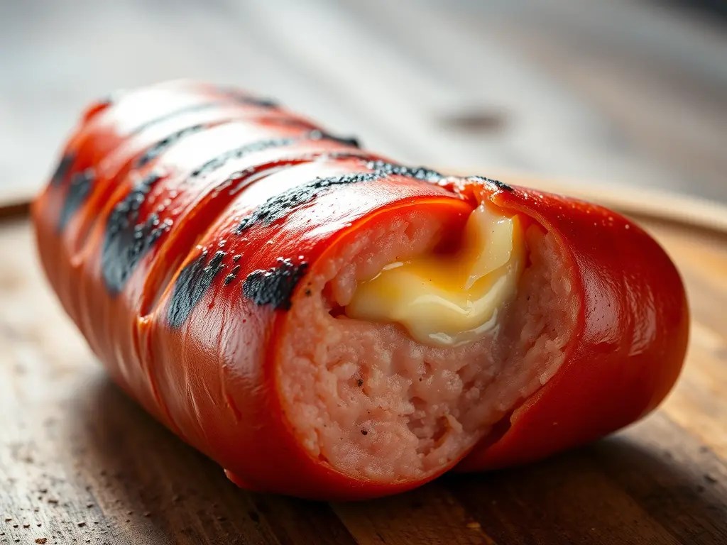 A grilled sausage cut in half, revealing a creamy filling, presented on a wooden board.