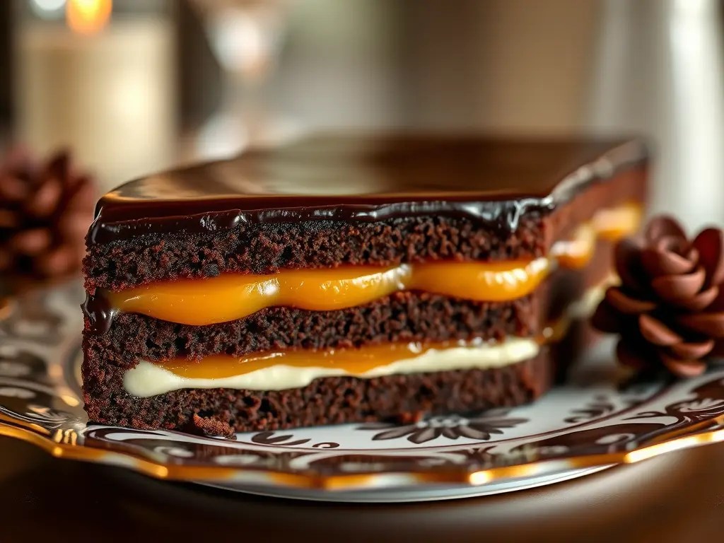 A close-up of a slice of rich chocolate cake with layers of caramel and cream, elegantly presented on a decorative plate.