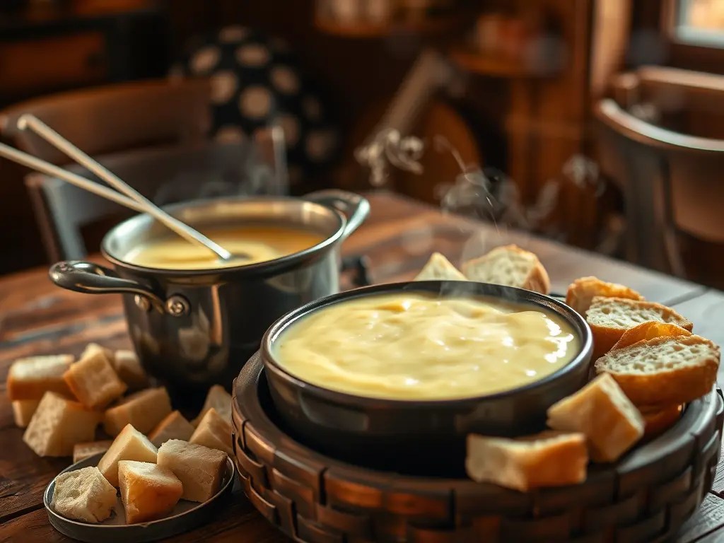 A traditional Swiss fondue dish with melted cheese in a pot, accompanied by chunks of bread and a small bowl of cubed cheese on a wooden table.
