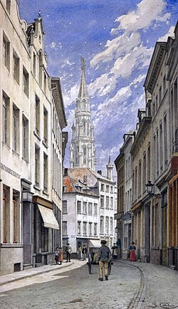 A watercolor painting depicting a narrow street in Brussels, showcasing historic buildings and a prominent spire in the background.