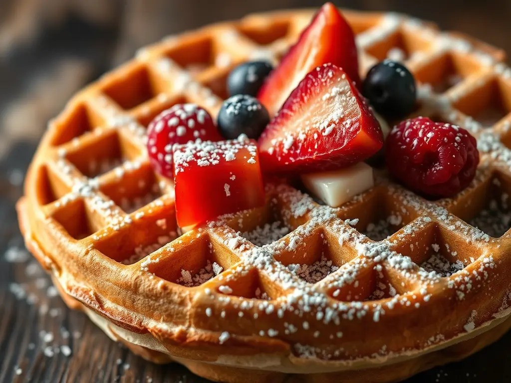 A delicious Belgian waffle topped with fresh strawberries, blueberries, raspberries, and powdered sugar.