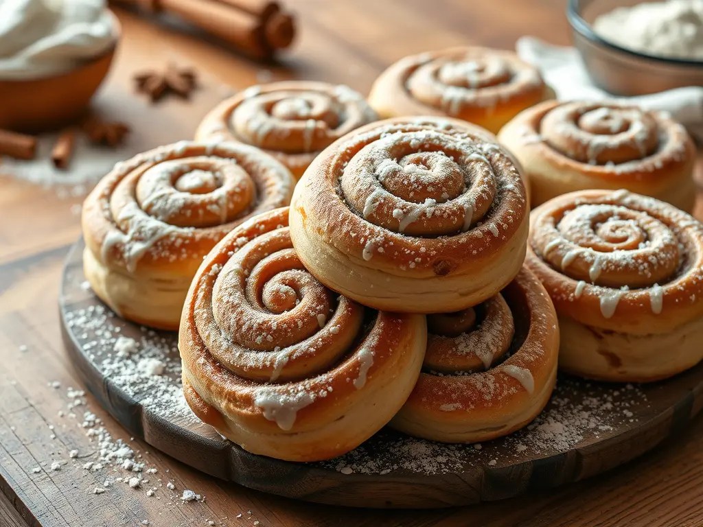 A close-up view of freshly baked Finnish cinnamon rolls, known as korvapuusti, arranged on a wooden platter. The rolls are topped with a light dusting of powdered sugar, showcasing their spiral shape and golden-brown color.