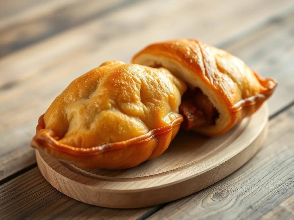 Two freshly baked Finnish meat pies (lihapiirakka) on a wooden plate against a rustic wooden background.