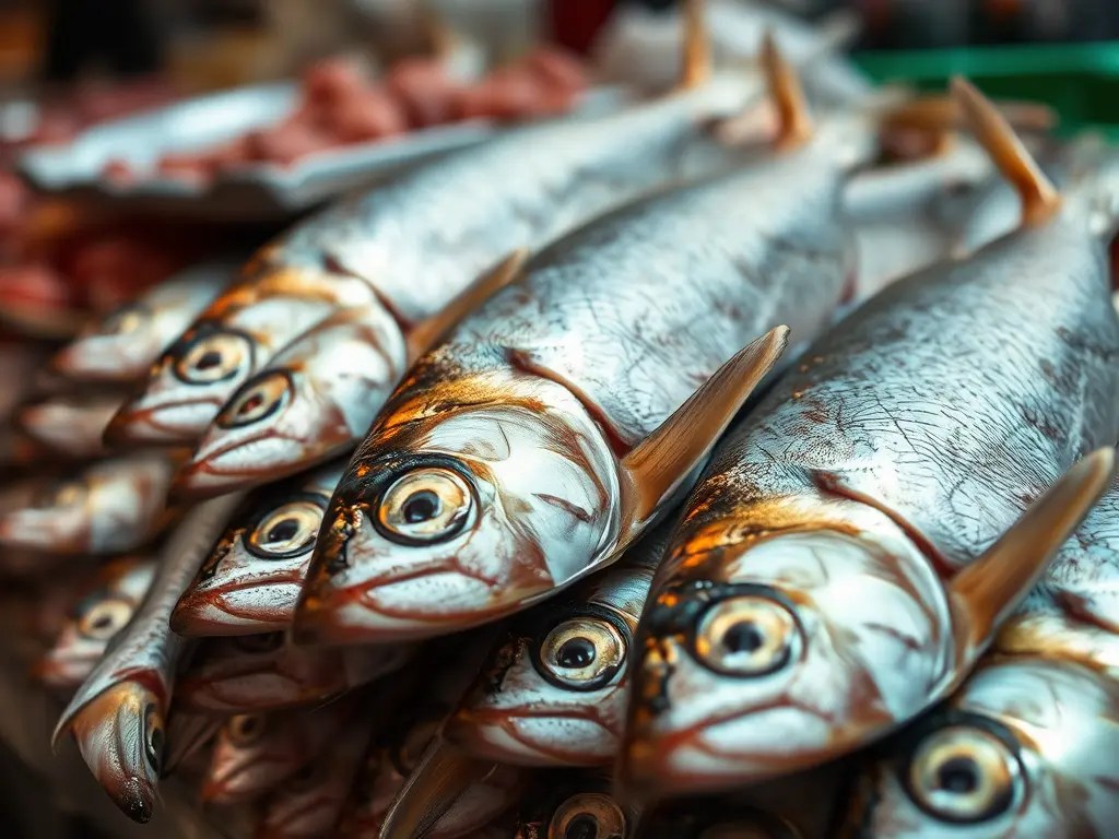 Fresh fish displayed at a market, showcasing their shiny scales and eyes.