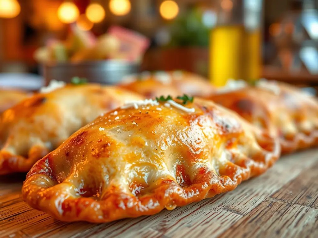 Golden-brown empanadas arranged on a wooden surface, with a hint of green garnish on top, illuminated by soft ambient lighting.