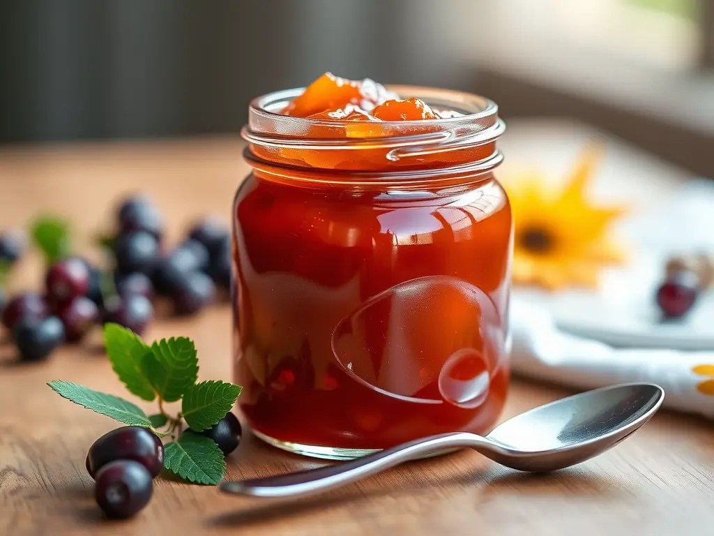 A jar of vibrant, golden-orange cloudberry jam placed on a wooden table, surrounded by fresh berries and green mint leaves, with a spoon resting beside it.