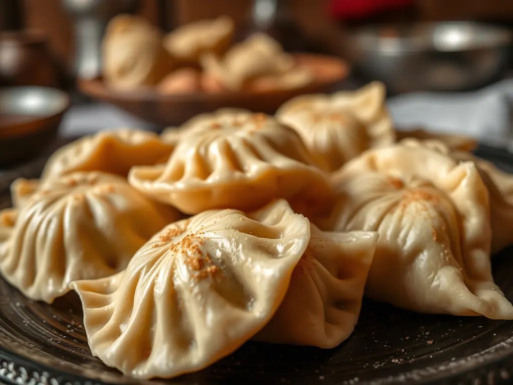 A close-up image of a plate filled with dumplings, showcasing their intricate folds and texture, with a blurred background of additional food items.