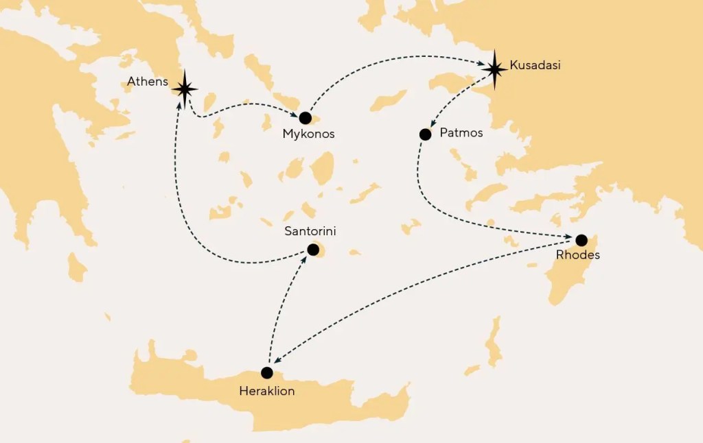 Map showing the route of the Celestyal Discovery cruise through the Greek islands, including Athens, Mykonos, Kusadasi (Ephesus), Patmos, and Santorini.