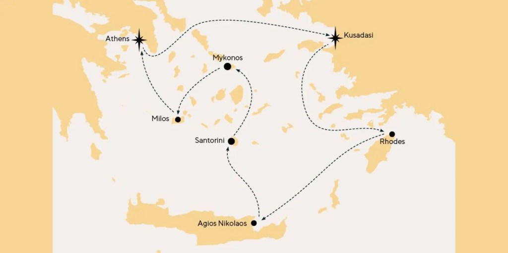 Map showing the itinerary of the Celestyal Discovery cruise, highlighting key Greek islands including Athens, Mykonos, Milos, Santorini, Kusadasi, and Rhodes.