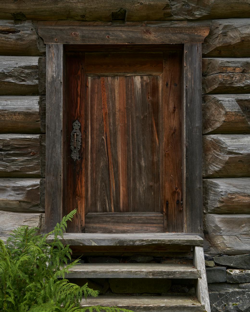 Close-up of a rustic wooden door on a log cabin, featuring detailed metal hardware and a stone step surrounded by greenery.