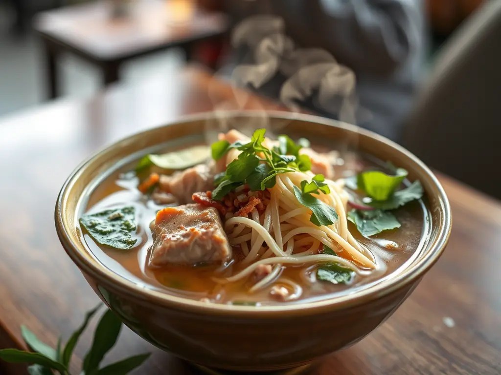 A close-up image of a steaming bowl of phở, a traditional Vietnamese noodle soup, garnished with fresh herbs and vegetables.