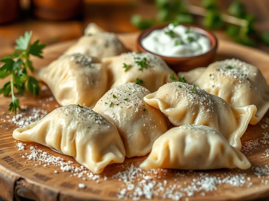 A wooden platter featuring several dumplings, known as pierogi, garnished with herbs and served with a small bowl of sour cream.
