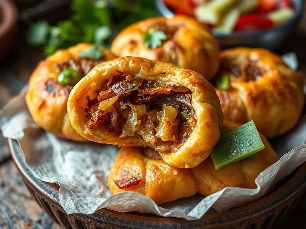 A close-up of freshly made stuffed pastries, showcasing a golden-brown exterior with a filling of sautéed vegetables, garnished with green herbs, served in a rustic bowl.