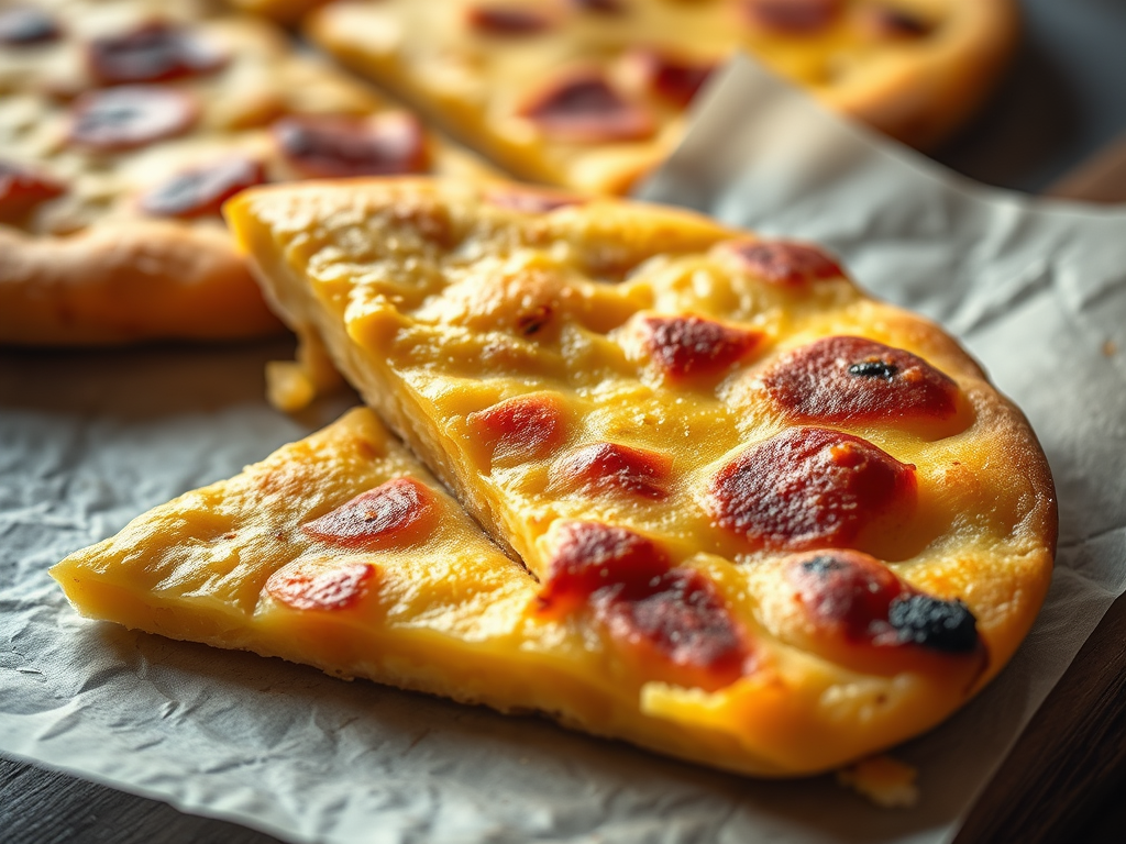 A close-up of a slice of pizza with a golden crust and pepperoni toppings, resting on parchment paper, with additional pizza slices in the background.