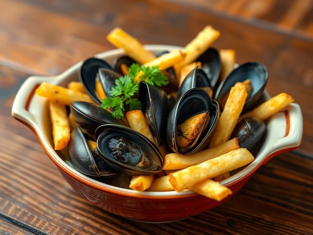 A bowl of moules-frites, featuring mussels and crispy fries, garnished with a sprig of parsley, presented on a wooden table.