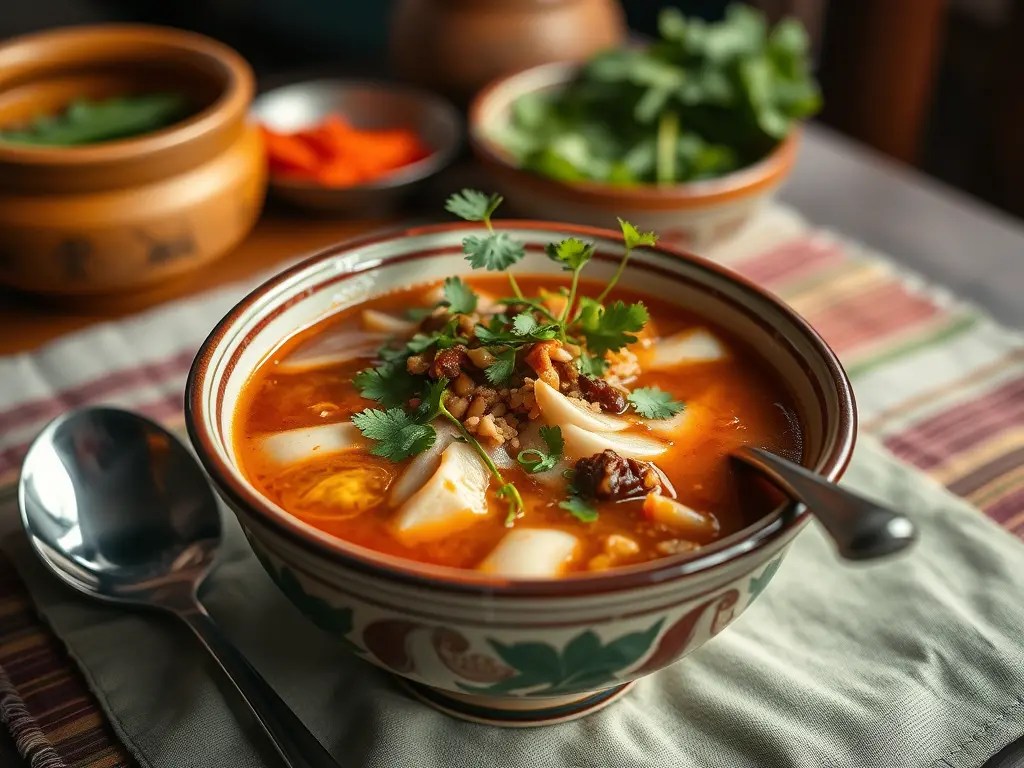 A close-up of a steaming bowl of Indonesian soup topped with fresh cilantro, peanuts, and various ingredients, set on a textured table with additional garnishes in the background.