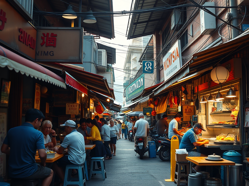 A busy street food scene in Jakarta, featuring various stalls and people enjoying local dishes at outdoor tables.
