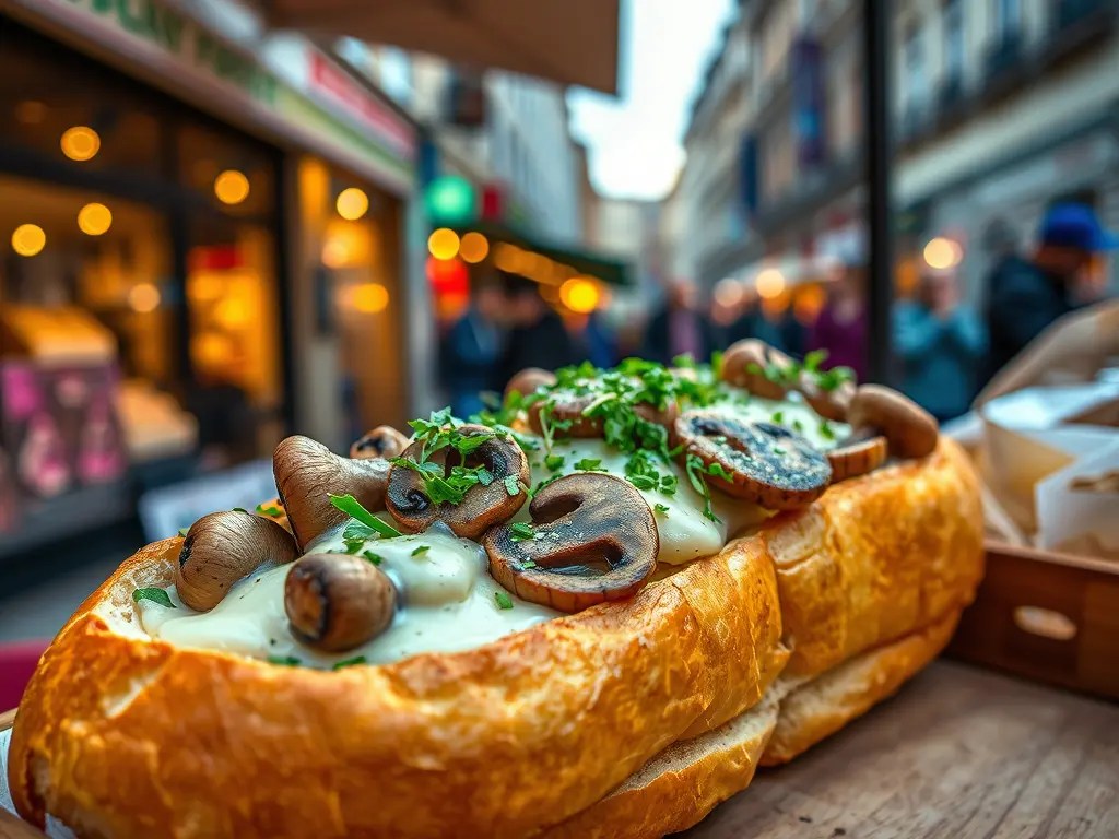 A close-up of a Polish zapiekanka, featuring a toasted baguette topped with melted cheese, mushrooms, and fresh herbs, set against a bustling street scene.