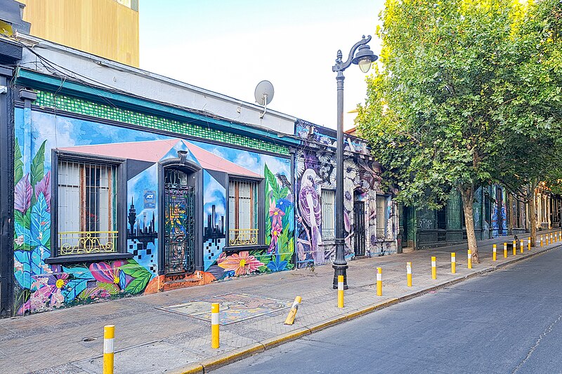 Colorful street art adorning the exterior of a building in Santiago, Chile, with lush plant motifs and a vibrant urban atmosphere.