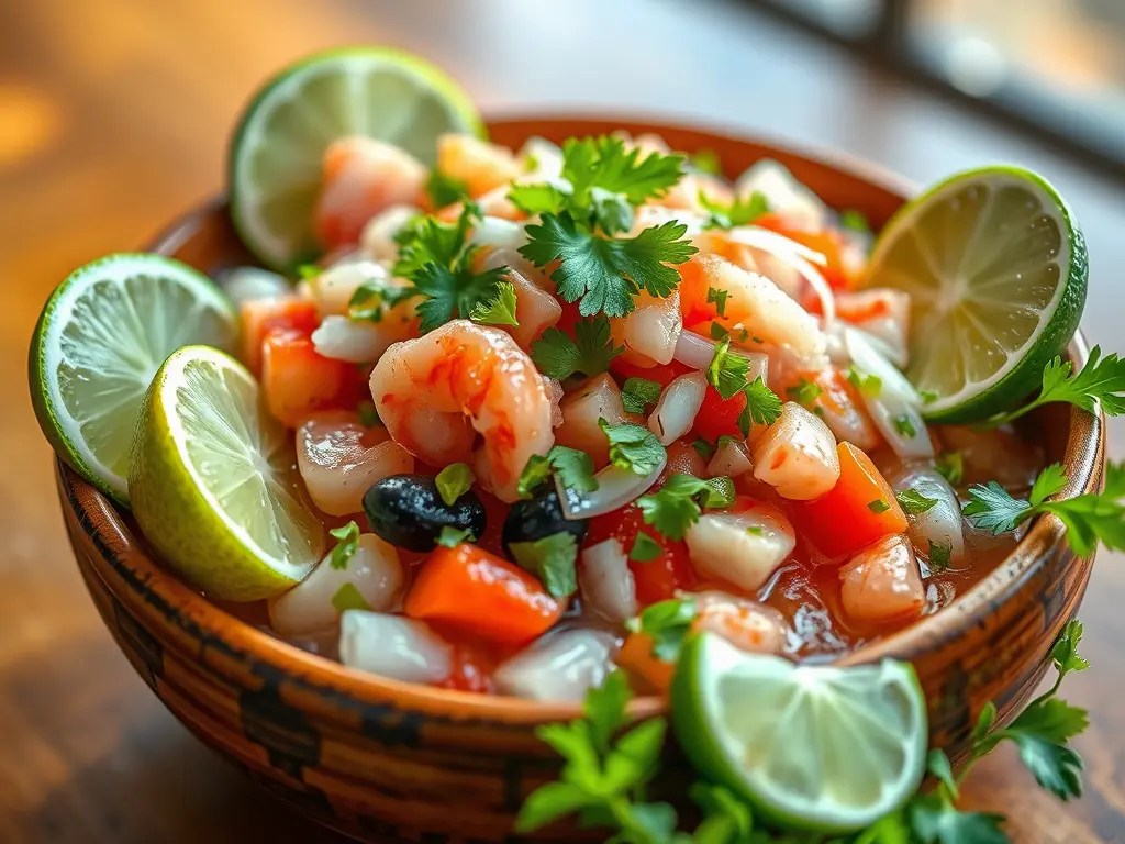 A vibrant bowl of traditional Peruvian ceviche featuring shrimp, mixed seafood, diced tomatoes, onions, and cilantro, garnished with lime wedges.