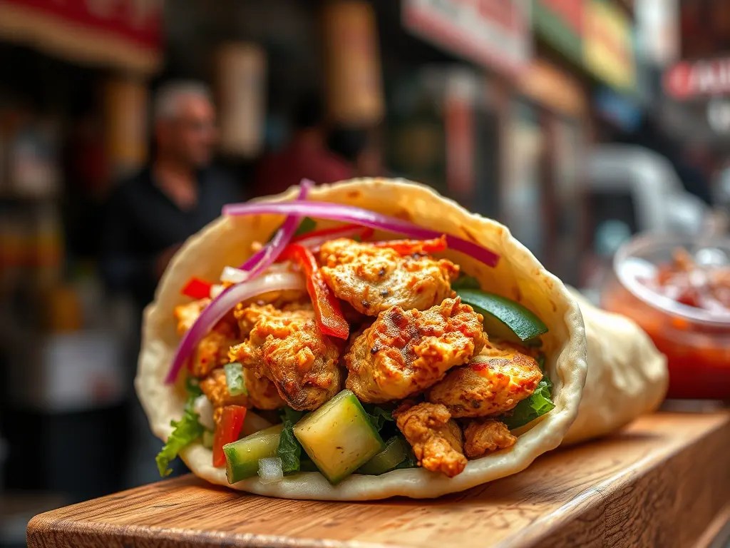 A close-up of a delicious chicken shawarma wrap filled with fresh vegetables, served on a wooden board, showcasing vibrant colors in a busy street setting.