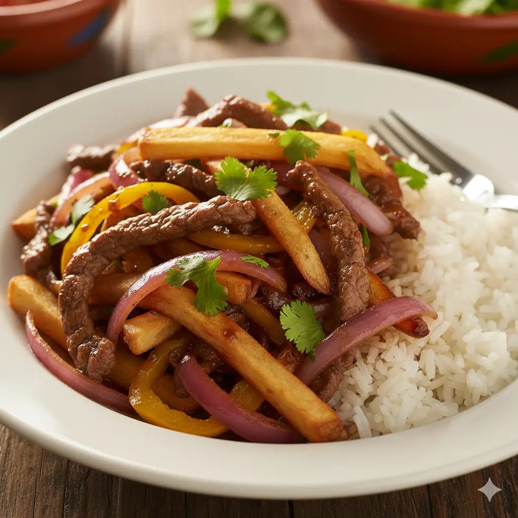 A plate of lomo saltado, a traditional Peruvian dish, featuring sautéed beef with onions, peppers, and fries served with white rice.