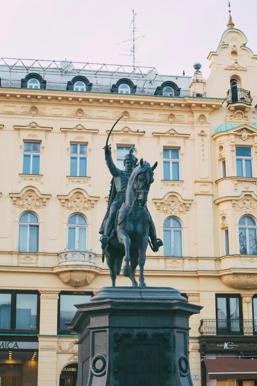 Statue of Ban Josip Jelačić on horseback in Zagreb, Croatia, with historic buildings in the background.