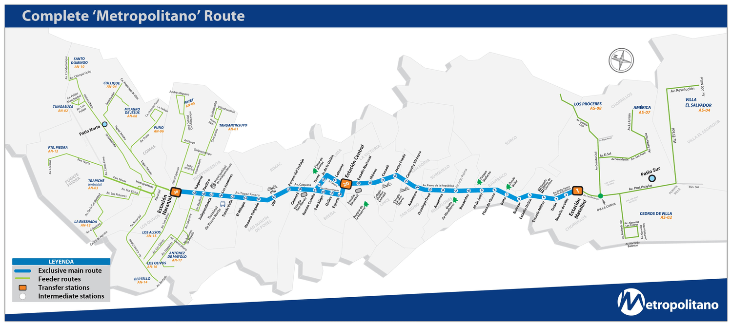 Map of the Metropolitano bus route in Lima, Peru, showing main and feeder routes, transfer stations, and intermediate stations.