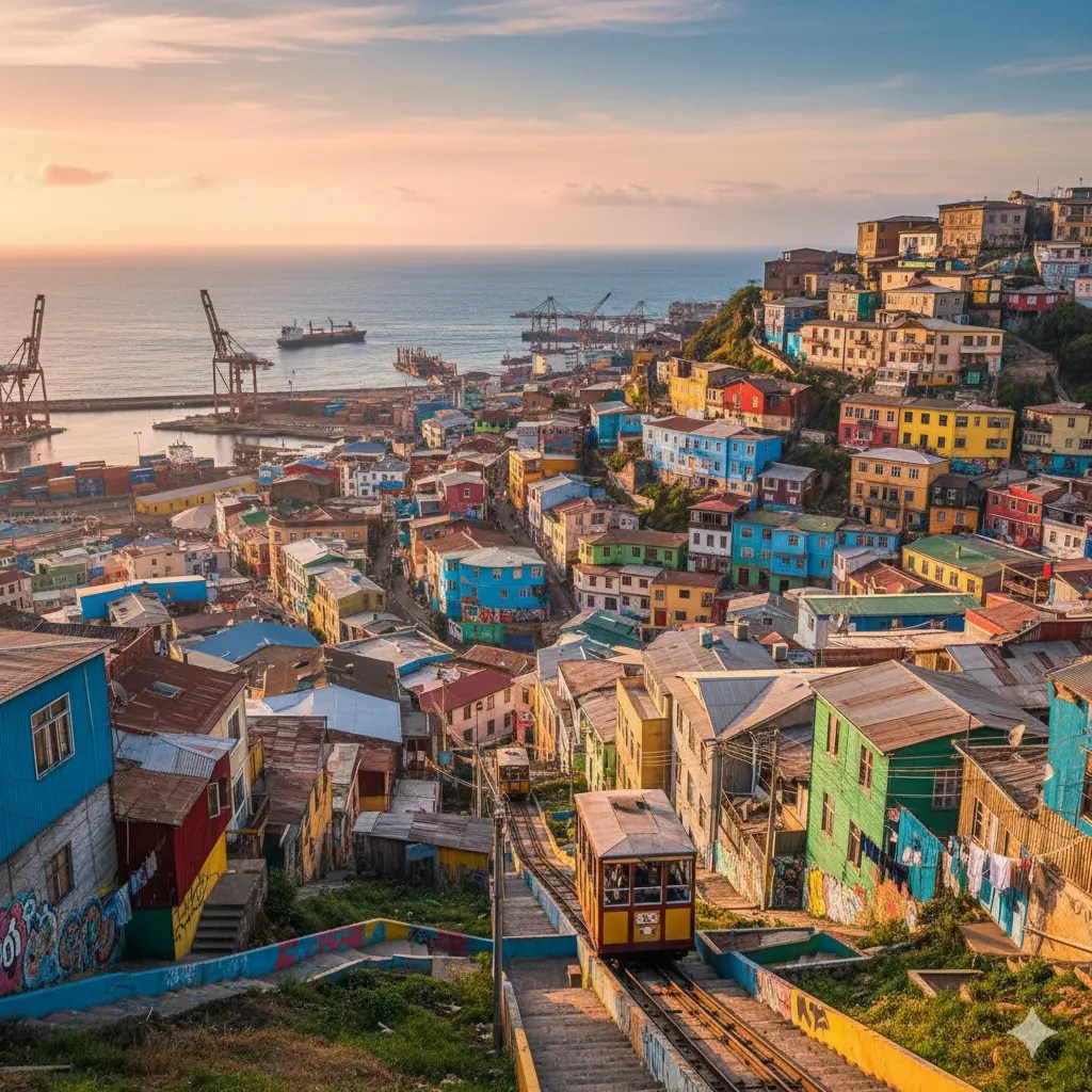 A scenic view of the colorful hillside houses in Valparaíso, Chile, with a funicular railway descending towards the ocean and port in the background. The scene is illuminated by warm sunset light.