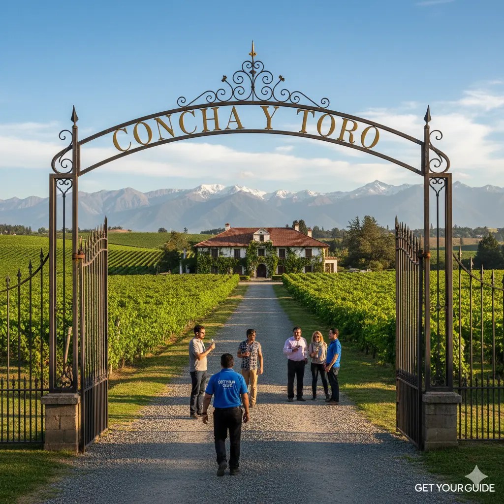 Entrance to the Concha y Toro vineyard in Chile, featuring a pathway lined with grapevines and a historic building in the background against a clear sky and mountains.