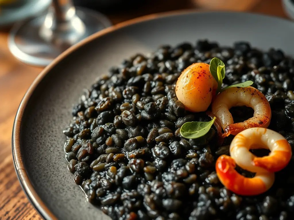 A plate of black risotto garnished with a quail egg, shrimp, and fresh herbs, showcasing a rich, glossy texture.