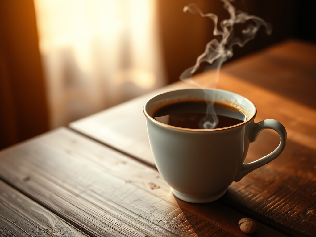 A steaming cup of coffee placed on a wooden table, illuminated by soft sunlight coming through a window.
