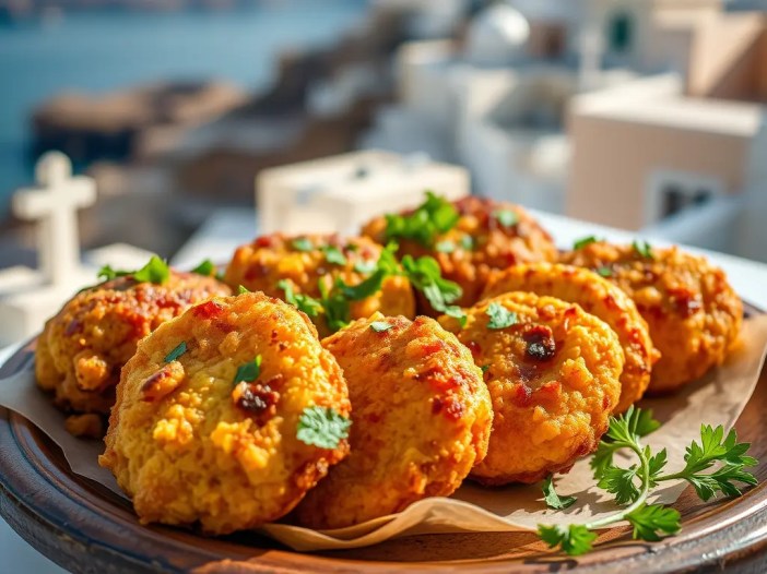 "A close-up of golden-brown Domates Keftedes, traditional Santorini tomato fritters, served on a plate at a seaside taverna."
