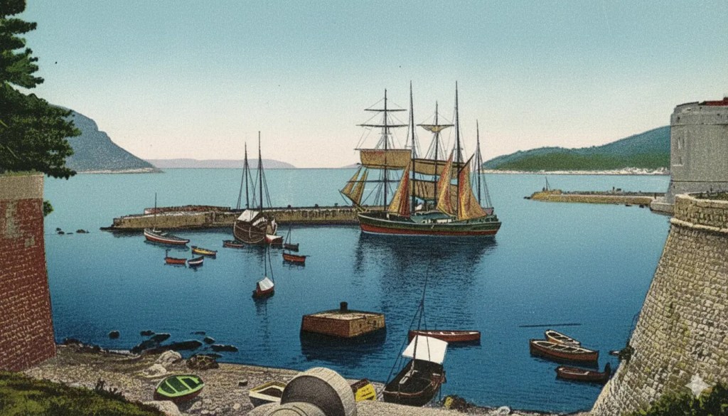 A vintage postcard-style illustration of a coastal harbor featuring a large sailing ship and several smaller boats anchored in calm blue waters, surrounded by green hills and a stone fortress.