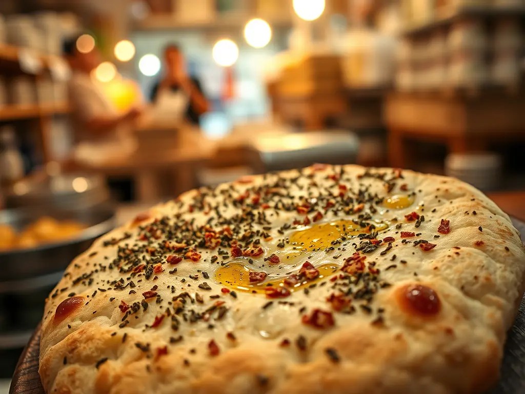A close-up of Lebanese flatbread topped with za'atar and olive oil, placed on a wooden surface with a warm, blurred background.