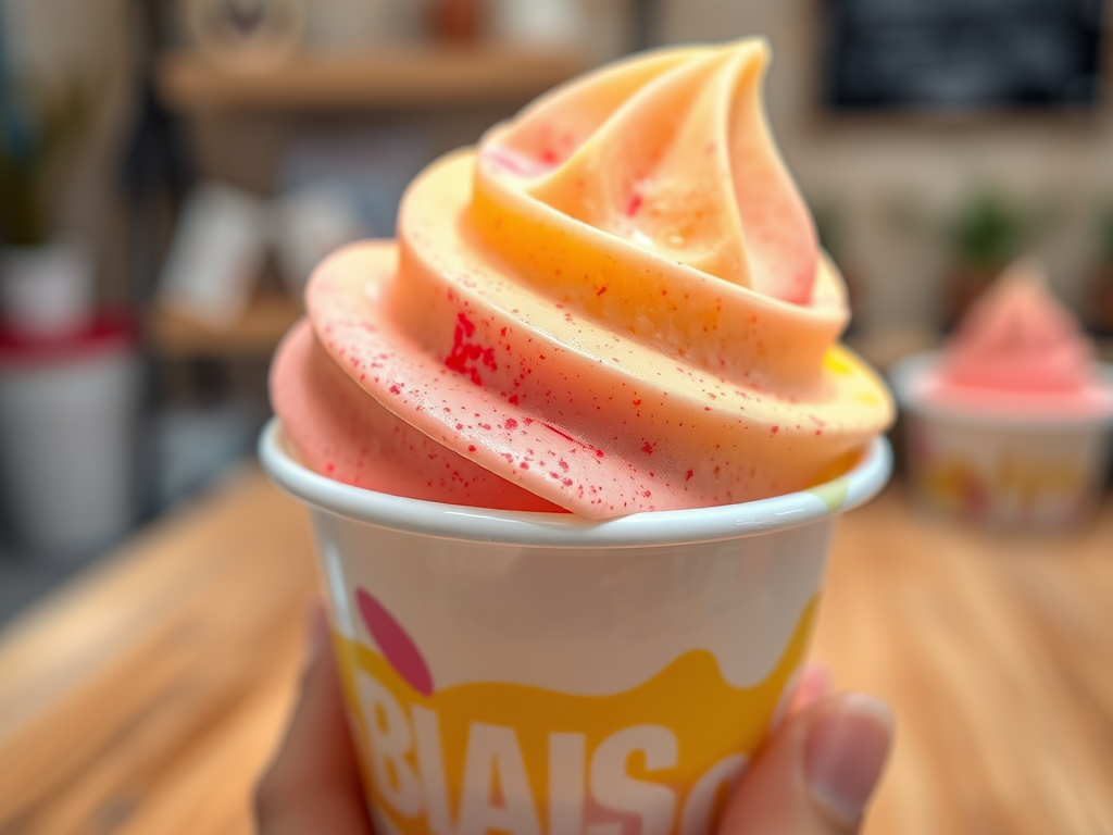 Close-up of a delicious swirl of gelato in a cup, featuring vibrant pink and orange hues, with a sprinkle of red on top.