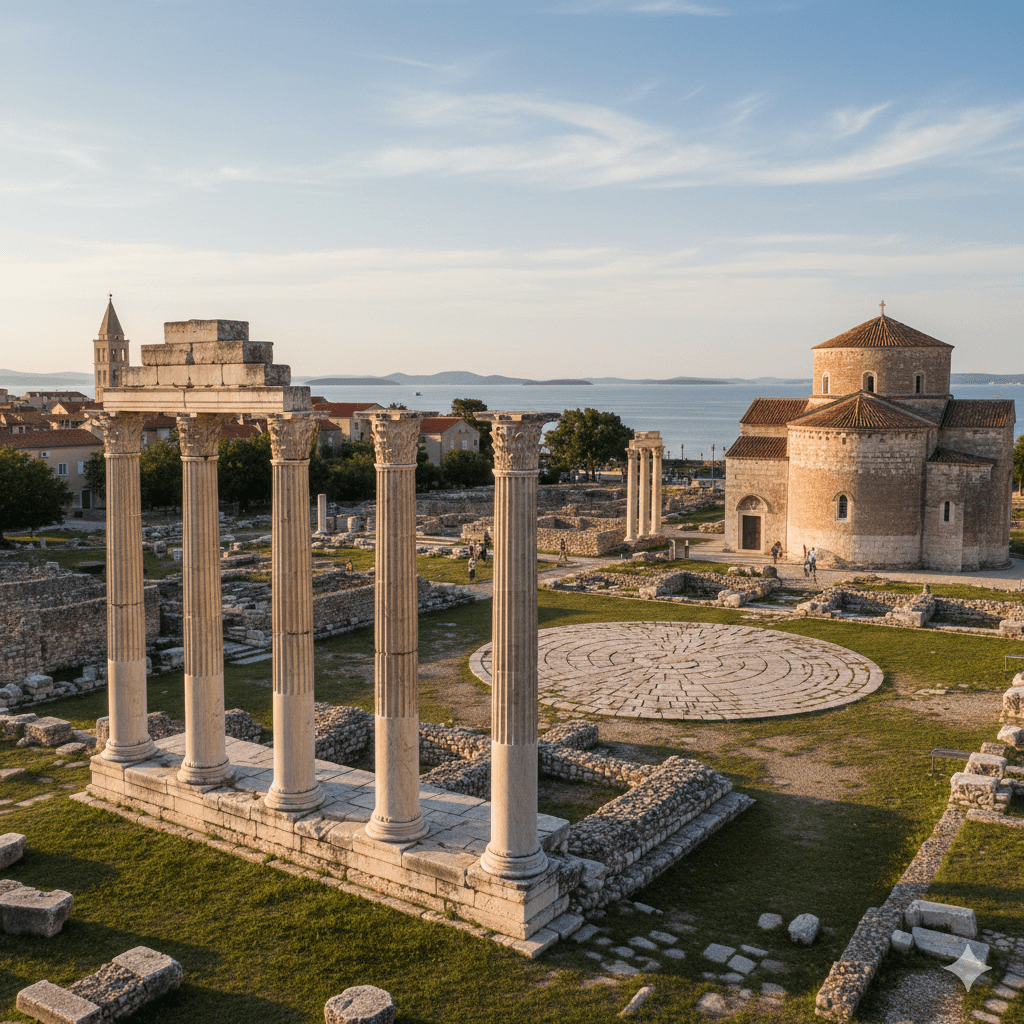 A scenic view of the Roman Forum in Zadar, Croatia, showcasing ancient columns and historical ruins with a church in the background, against a sunset sky.