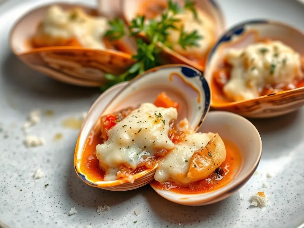 Baked razor clams topped with melted cheese in a decorative dish, garnished with fresh herbs