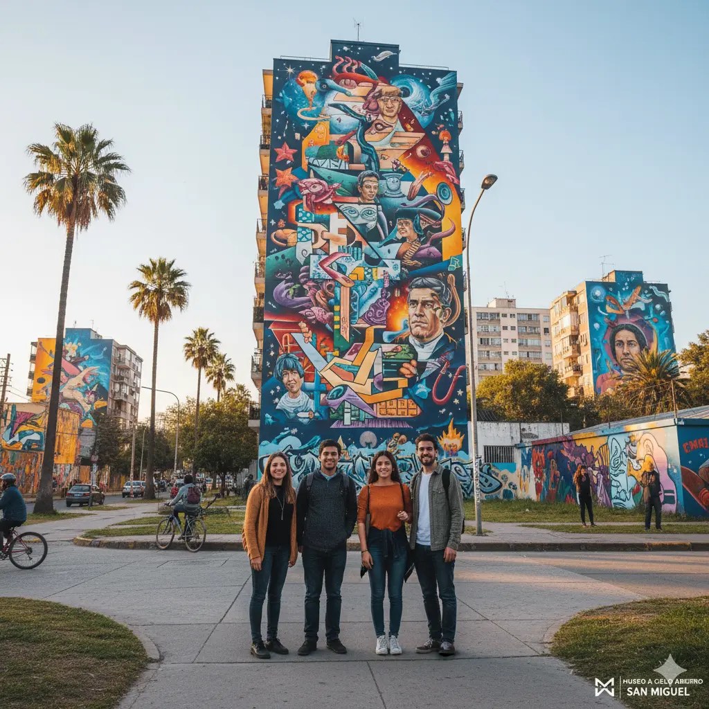 A group of four people standing in front of vibrant murals on two tall buildings in San Miguel, Chile, surrounded by palm trees and urban scenery.