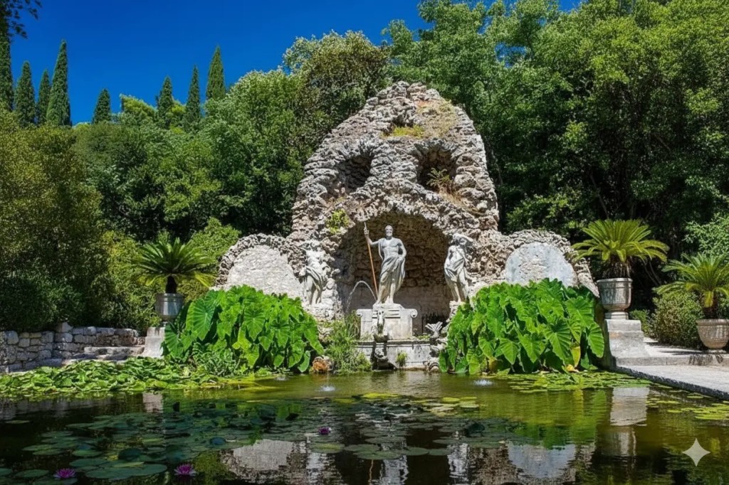 A scenic view of a fountain in a garden featuring a rock structure with statues surrounded by lush greenery and aquatic plants.